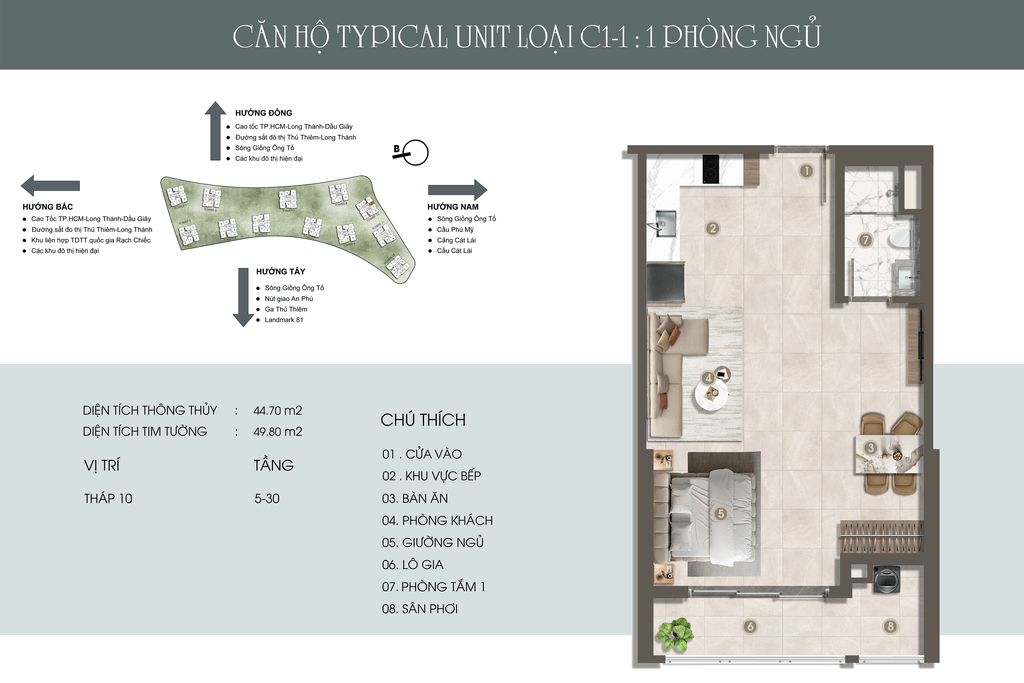 Bản vẽ mặt bằng căn hộ CH C1 (1PN) - Tháp 10 & 12 The Privé
