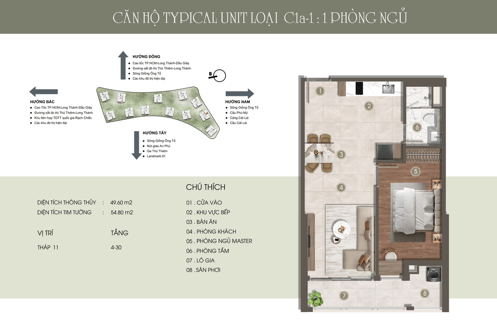 Bản vẽ mặt bằng căn hộ CH C1A (1PN) - Tháp 11 The Privé