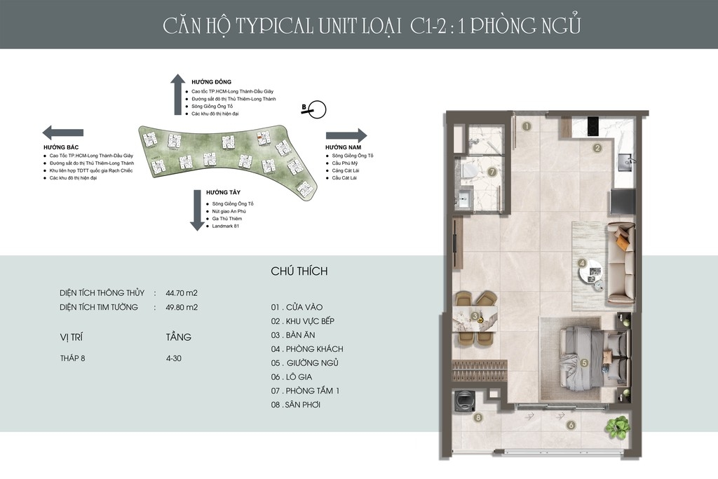 Bản vẽ mặt bằng căn hộ CH C1 (1PN) - Tháp 8 The Privé