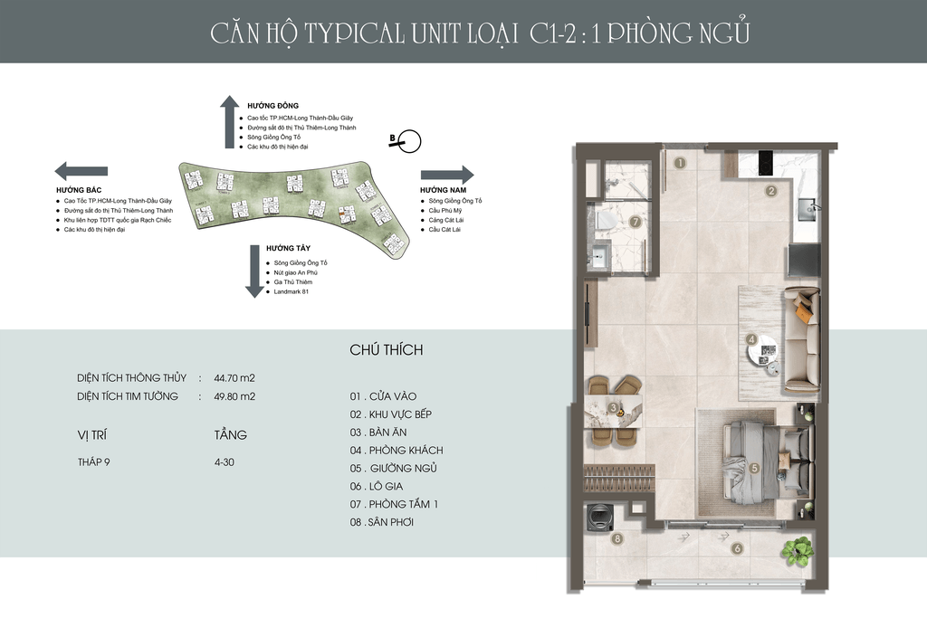 Bản vẽ mặt bằng căn hộ CH C1 (1PN) - Tháp 9 The Privé